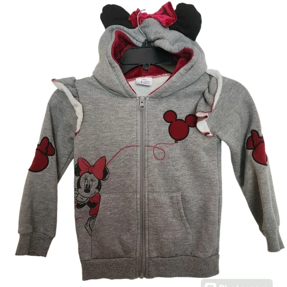 DISNEY MINNIE MOUSE Gray Girl’s Black Hoodie Zip Sweatshirt SZ 5 - Picture 1 of 8